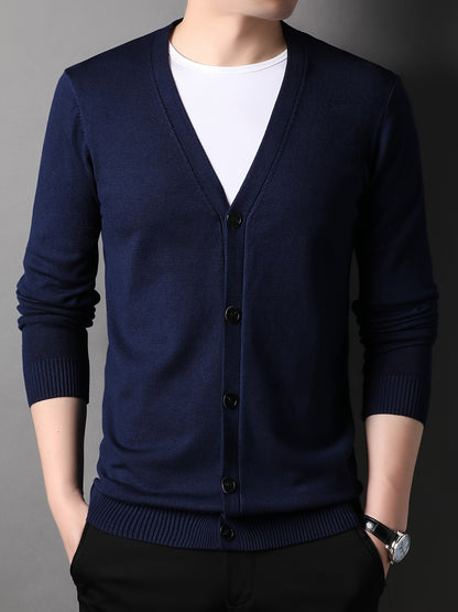 Men's Casual Knit Cardigan - Solid Color, Button-Up V-Neck Jacket For Fall/Winter, Machine Washable