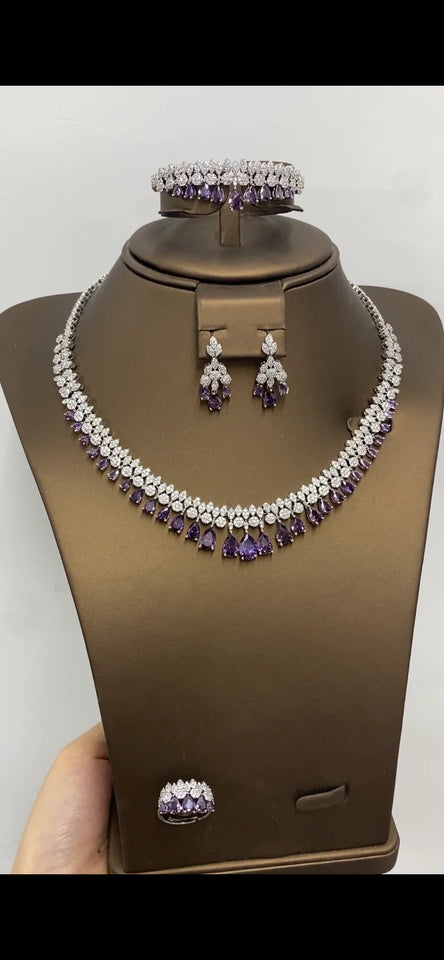Luxury White Cubic Zirconia Bridal Jewelry Set Brides Accessories Tassel Water Drop Necklace Earring 4pcs Set for Wedding Party