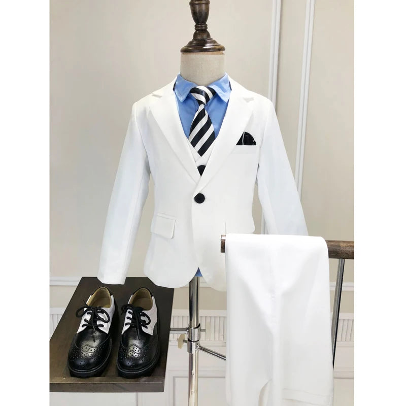 Children Formal White Dress Suit Set Flower Boys Wedding Party Performance Costume Kids Blazer Vest Pants Shirt Tie Clothes