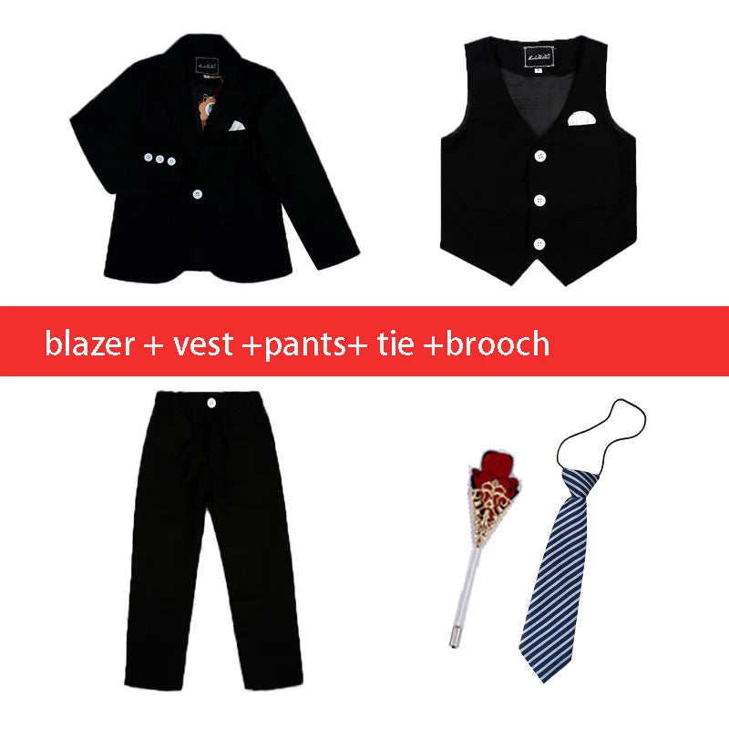 Children Formal White Dress Suit Set Flower Boys Wedding Party Performance Costume Kids Blazer Vest Pants Shirt Tie Clothes