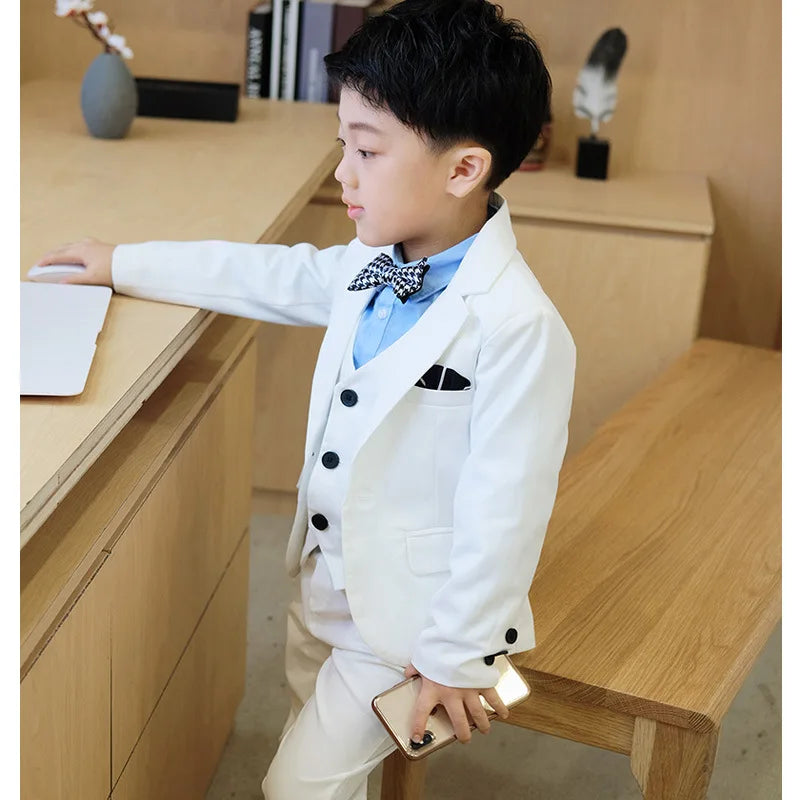 Children Formal White Dress Suit Set Flower Boys Wedding Party Performance Costume Kids Blazer Vest Pants Shirt Tie Clothes