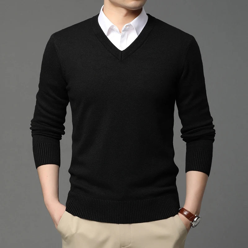 New Fashion Brand Woolen Knit Pullover V Neck Sweater Black For Men