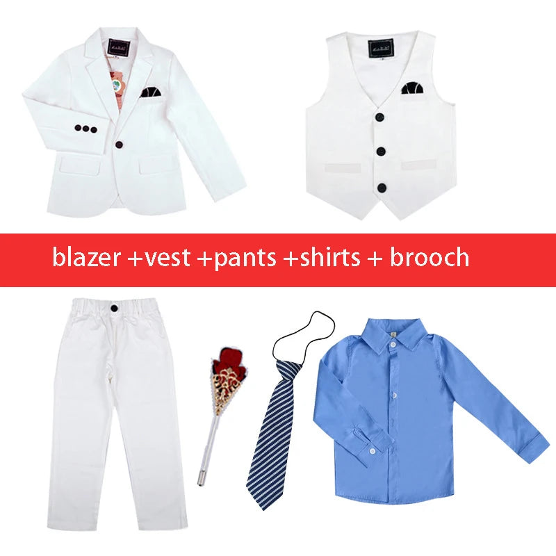 Children Formal White Dress Suit Set Flower Boys Wedding Party Performance Costume Kids Blazer Vest Pants Shirt Tie Clothes