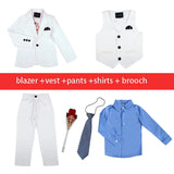 Children Formal White Dress Suit Set Flower Boys Wedding Party Performance Costume Kids Blazer Vest Pants Shirt Tie Clothes