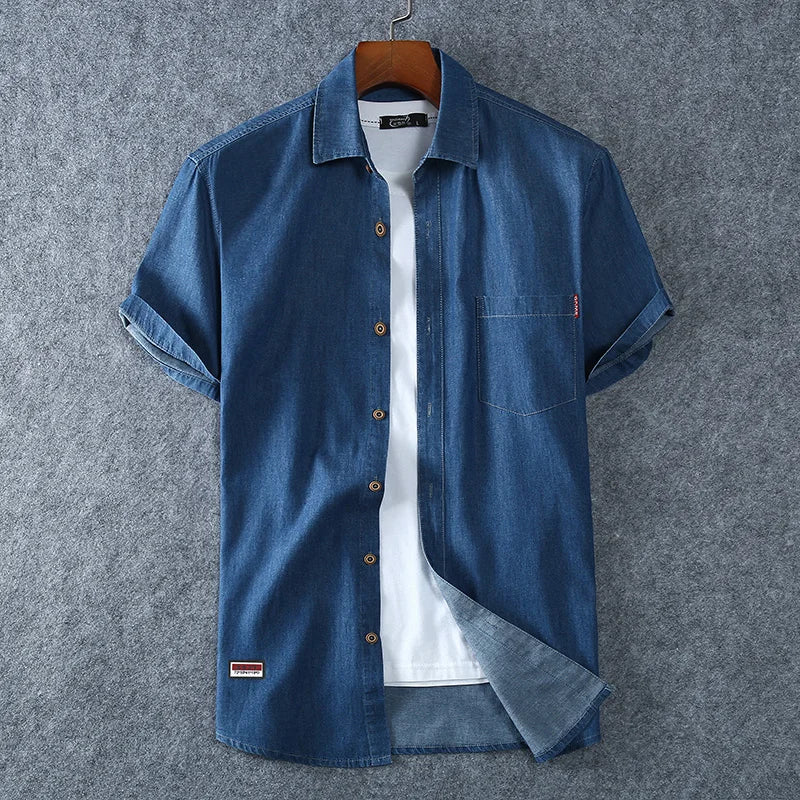 Men's Blue Denim Shirts Short Sleeve Jean Shirts New Summer High Quality