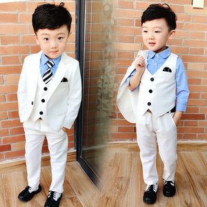 Children Formal White Dress Suit Set Flower Boys Wedding Party Performance Costume Kids Blazer Vest Pants Shirt Tie Clothes