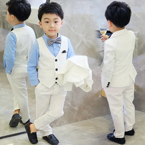 Children Formal White Dress Suit Set Flower Boys Wedding Party Performance Costume Kids Blazer Vest Pants Shirt Tie Clothes