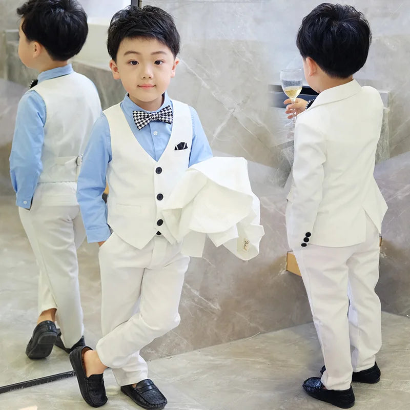 Children Formal White Dress Suit Set Flower Boys Wedding Party Performance Costume Kids Blazer Vest Pants Shirt Tie Clothes