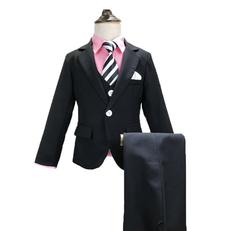 Children Formal White Dress Suit Set Flower Boys Wedding Party Performance Costume Kids Blazer Vest Pants Shirt Tie Clothes
