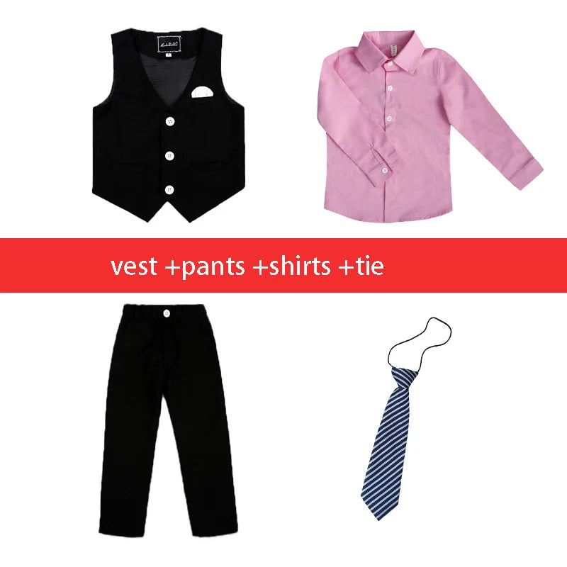 Children Formal White Dress Suit Set Flower Boys Wedding Party Performance Costume Kids Blazer Vest Pants Shirt Tie Clothes
