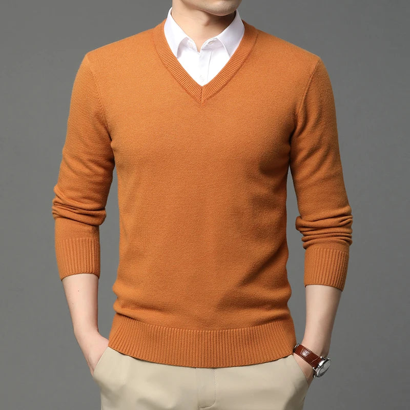 New Fashion Brand Woolen Knit Pullover V Neck Sweater Black For Men