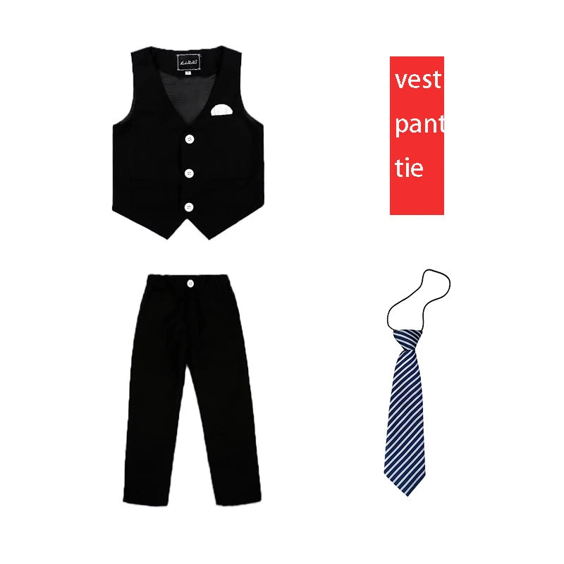 Children Formal White Dress Suit Set Flower Boys Wedding Party Performance Costume Kids Blazer Vest Pants Shirt Tie Clothes