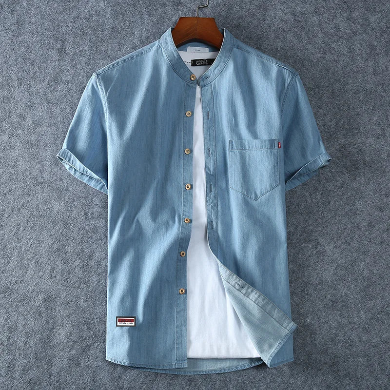 Men's Blue Denim Shirts Short Sleeve Jean Shirts New Summer High Quality