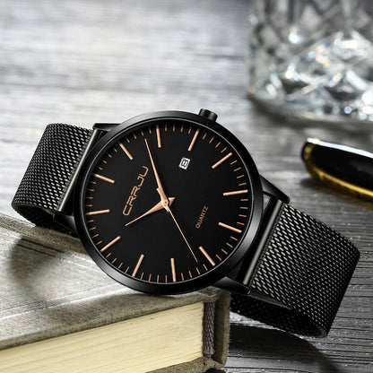 CRRJU Fashion Mens Watches Ultra Thin Quartz Watch Men Casual Slim Mesh Steel Waterproof Sport Watch Black Relogio Masculino