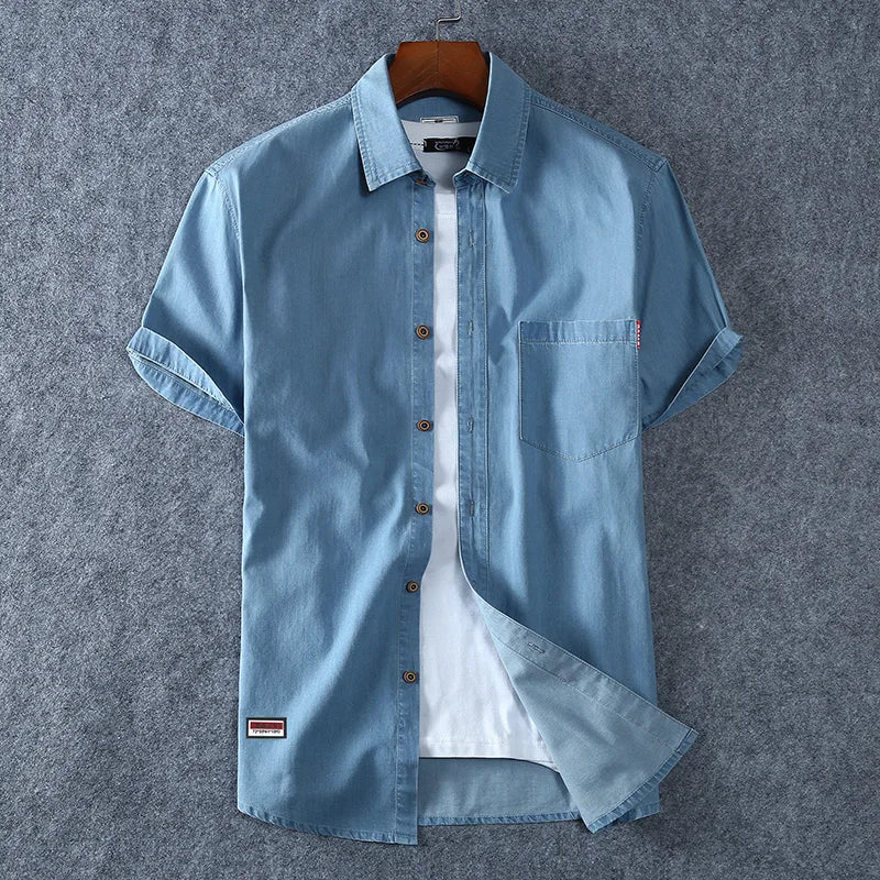 Men's Blue Denim Shirts Short Sleeve Jean Shirts New Summer High Quality
