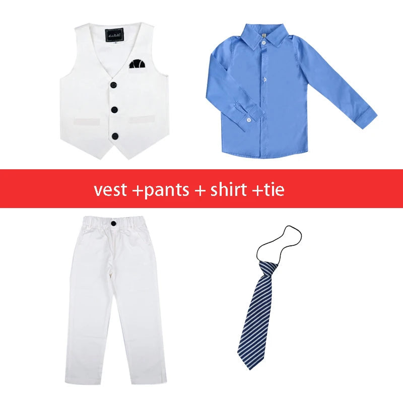 Children Formal White Dress Suit Set Flower Boys Wedding Party Performance Costume Kids Blazer Vest Pants Shirt Tie Clothes