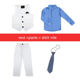 Children Formal White Dress Suit Set Flower Boys Wedding Party Performance Costume Kids Blazer Vest Pants Shirt Tie Clothes