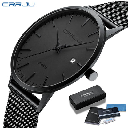 CRRJU Fashion Mens Watches Ultra Thin Quartz Watch Men Casual Slim Mesh Steel Waterproof Sport Watch Black Relogio Masculino