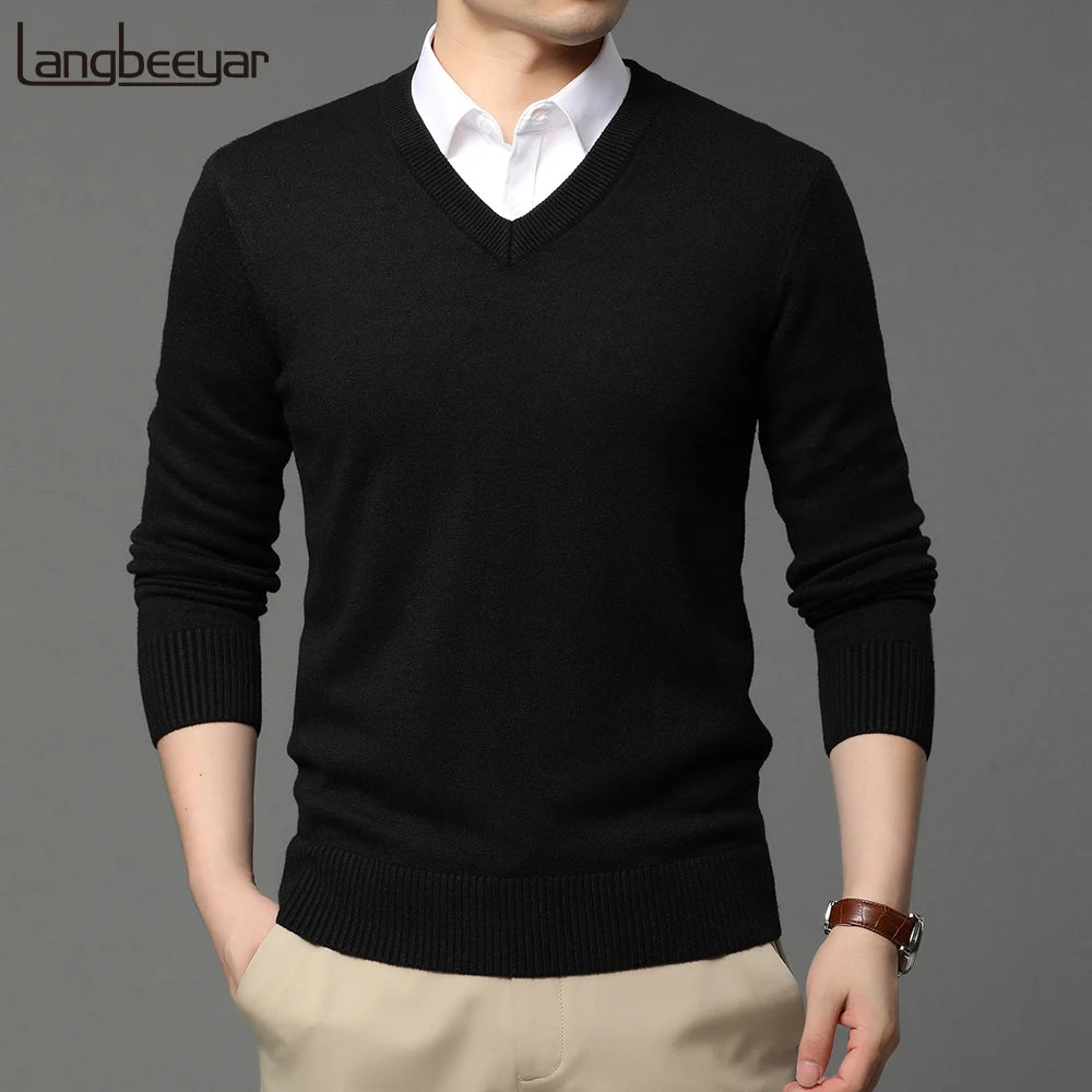 New Fashion Brand Woolen Knit Pullover V Neck Sweater Black For Men