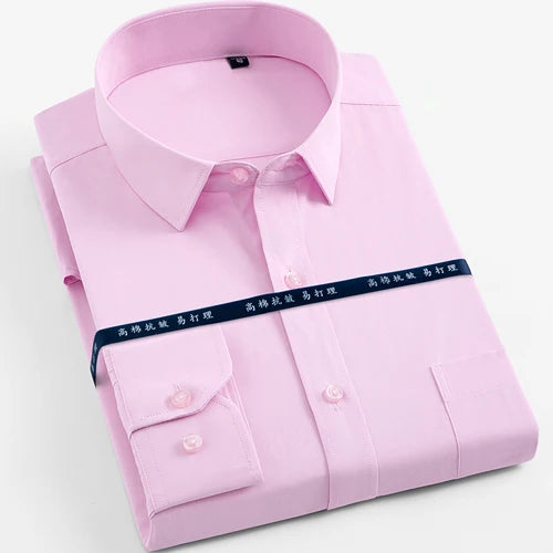 Men's Long Sleeve Classic Solid Basic Dress Shirts Patch Chest Pocket Regular-fit Male Formal Business Work Office White Shirt