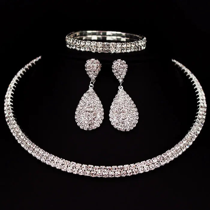 Hot Selling Bride Classic Rhinestone Crystal Choker Necklace Earrings and Bracelet Wedding Jewelry