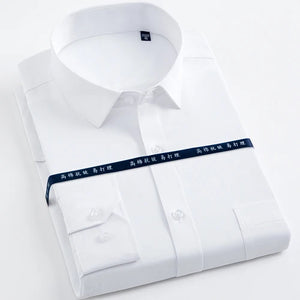 Men's Long Sleeve Classic Solid Basic Dress Shirts Patch Chest Pocket Regular-fit Male Formal Business Work Office White Shirt