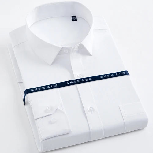 Men's Long Sleeve Classic Solid Basic Dress Shirts Patch Chest Pocket Regular-fit Male Formal Business Work Office White Shirt