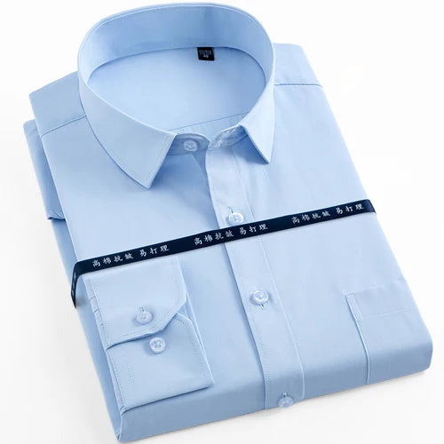 Men's Long Sleeve Classic Solid Basic Dress Shirts Patch Chest Pocket Regular-fit Male Formal Business Work Office White Shirt