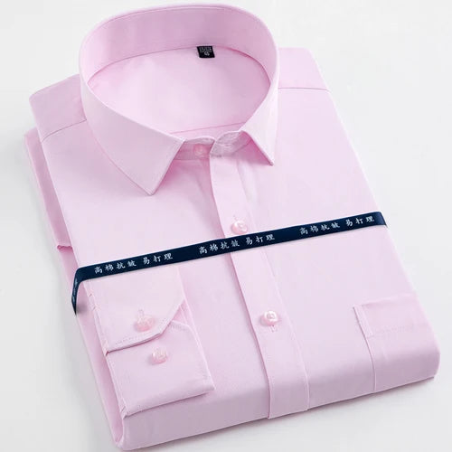 Men's Long Sleeve Classic Solid Basic Dress Shirts Patch Chest Pocket Regular-fit Male Formal Business Work Office White Shirt