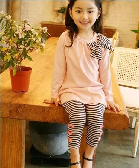 Children's Clothing Sets Pink Long-sleeved Sweater + Bow Denim Wide-leg Pants 2pcs Girls