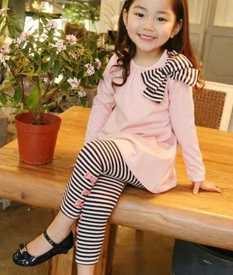 Children's Clothing Sets Pink Long-sleeved Sweater + Bow Denim Wide-leg Pants 2pcs Girls