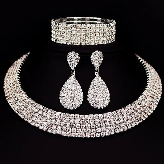 Hot Selling Bride Classic Rhinestone Crystal Choker Necklace Earrings and Bracelet Wedding Jewelry