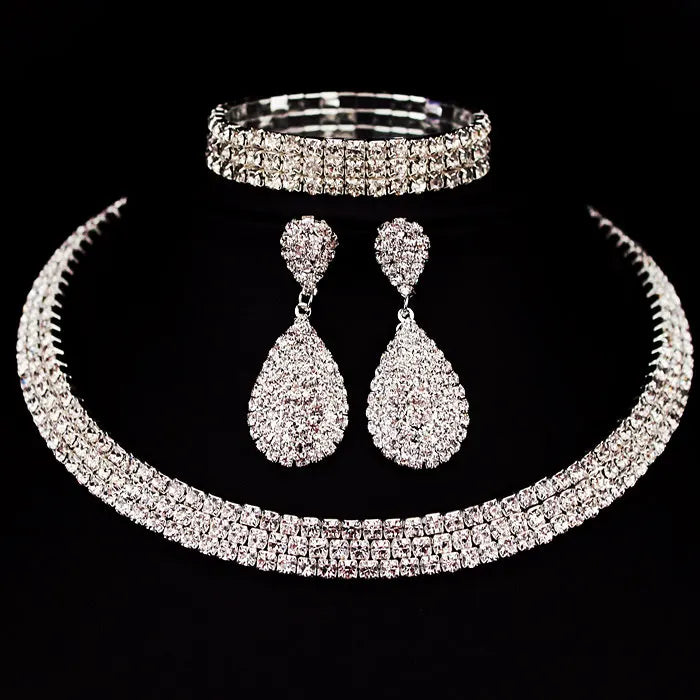 Hot Selling Bride Classic Rhinestone Crystal Choker Necklace Earrings and Bracelet Wedding Jewelry