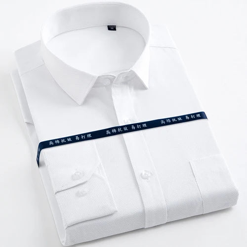 Men's Long Sleeve Classic Solid Basic Dress Shirts Patch Chest Pocket Regular-fit Male Formal Business Work Office White Shirt