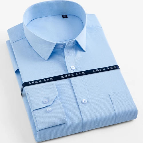 Men's Long Sleeve Classic Solid Basic Dress Shirts Patch Chest Pocket Regular-fit Male Formal Business Work Office White Shirt