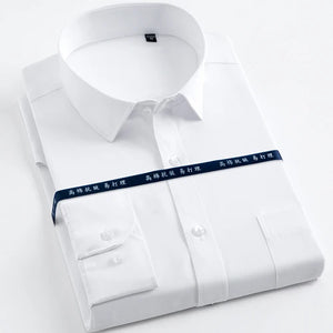 Men's Long Sleeve Classic Solid Basic Dress Shirts Patch Chest Pocket Regular-fit Male Formal Business Work Office White Shirt