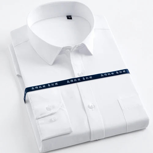 Men's Long Sleeve Classic Solid Basic Dress Shirts Patch Chest Pocket Regular-fit Male Formal Business Work Office White Shirt
