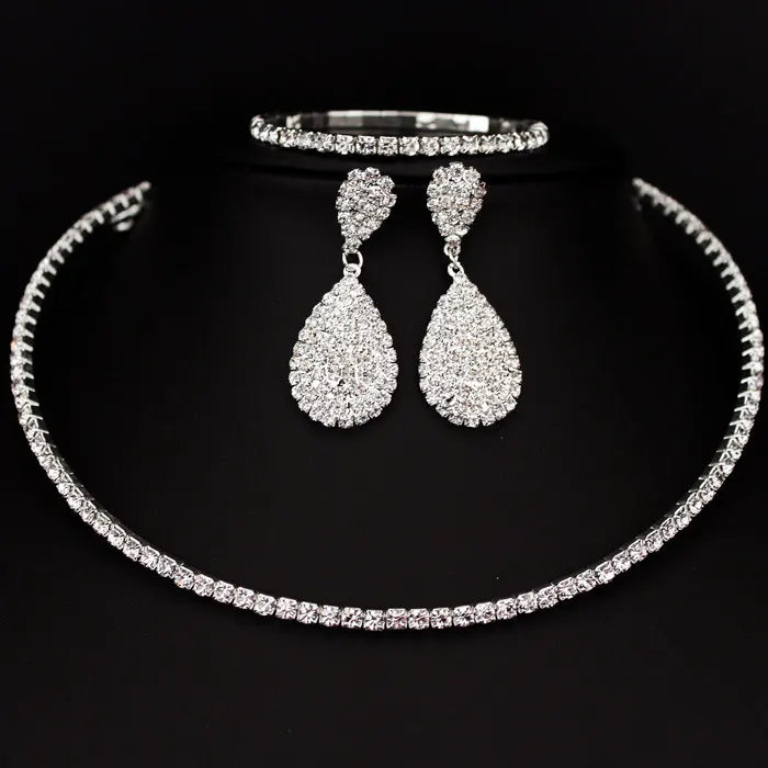 Hot Selling Bride Classic Rhinestone Crystal Choker Necklace Earrings and Bracelet Wedding Jewelry