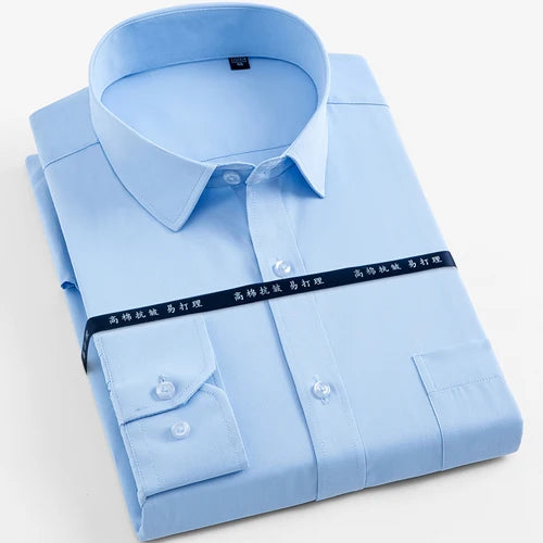 Men's Long Sleeve Classic Solid Basic Dress Shirts Patch Chest Pocket Regular-fit Male Formal Business Work Office White Shirt