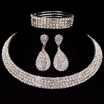 Hot Selling Bride Classic Rhinestone Crystal Choker Necklace Earrings and Bracelet Wedding Jewelry