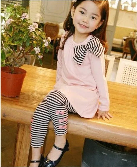 Children's Clothing Sets Pink Long-sleeved Sweater + Bow Denim Wide-leg Pants 2pcs Girls