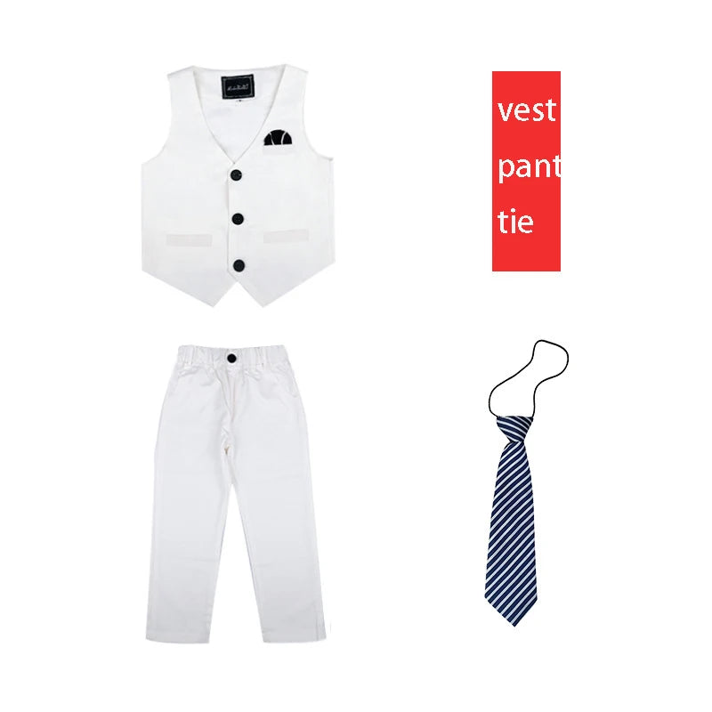 Children Formal White Dress Suit Set Flower Boys Wedding Party Performance Costume Kids Blazer Vest Pants Shirt Tie Clothes