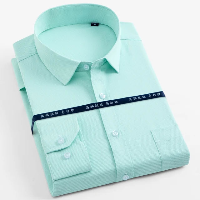 Men's Long Sleeve Classic Solid Basic Dress Shirts Patch Chest Pocket Regular-fit Male Formal Business Work Office White Shirt