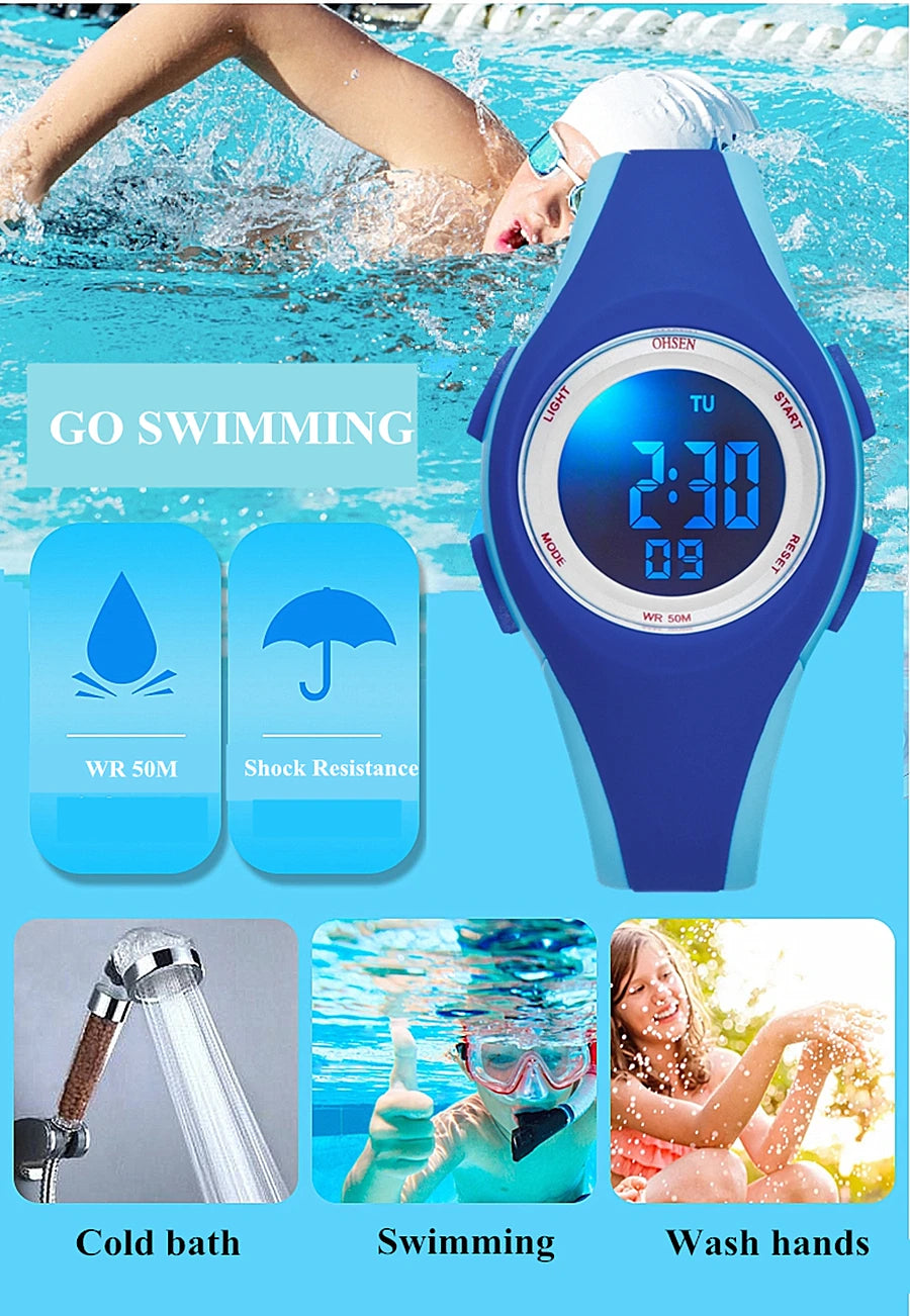 OHSEN Kids Sport Watches 50M Waterproof Blue Silicone Electronic Wristwatch Stopwatch Children Digital Watch For Boys Girls