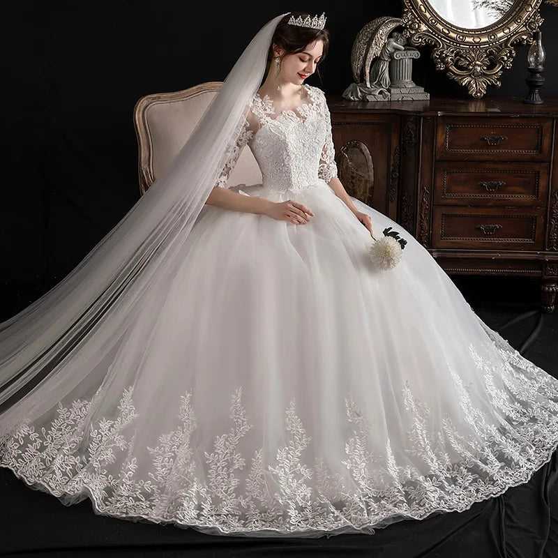 Luxury Wedding Dresses Lace Up Dreamy Half-sleeve Bride Plus Size Wedding Dress