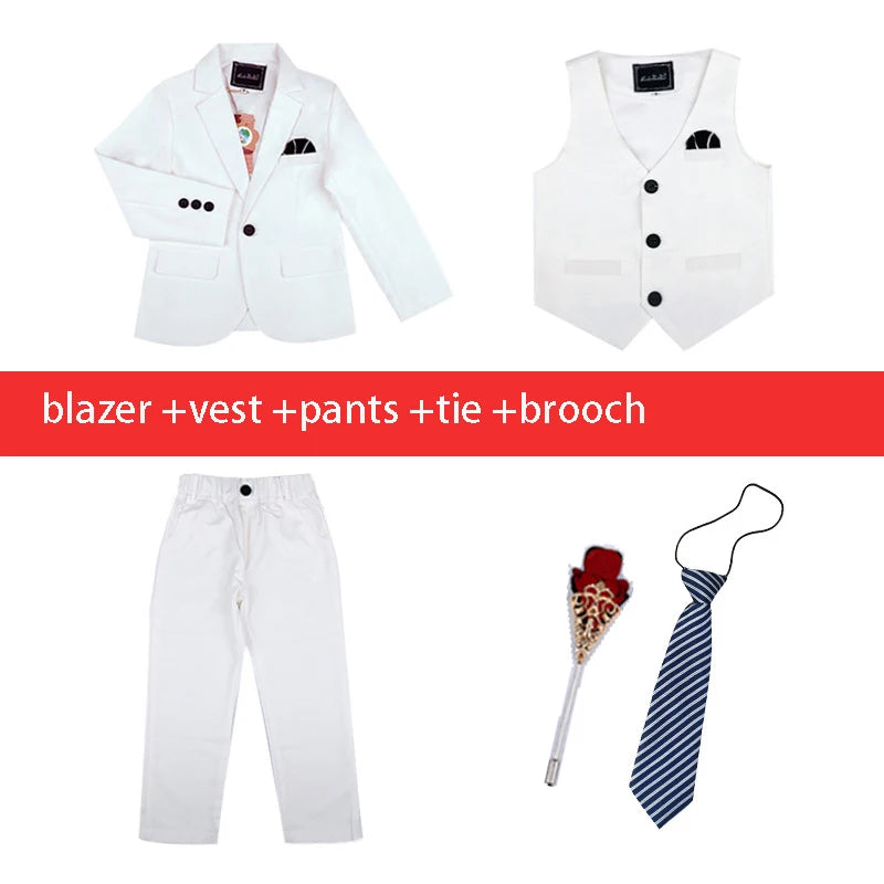 Children Formal White Dress Suit Set Flower Boys Wedding Party Performance Costume Kids Blazer Vest Pants Shirt Tie Clothes