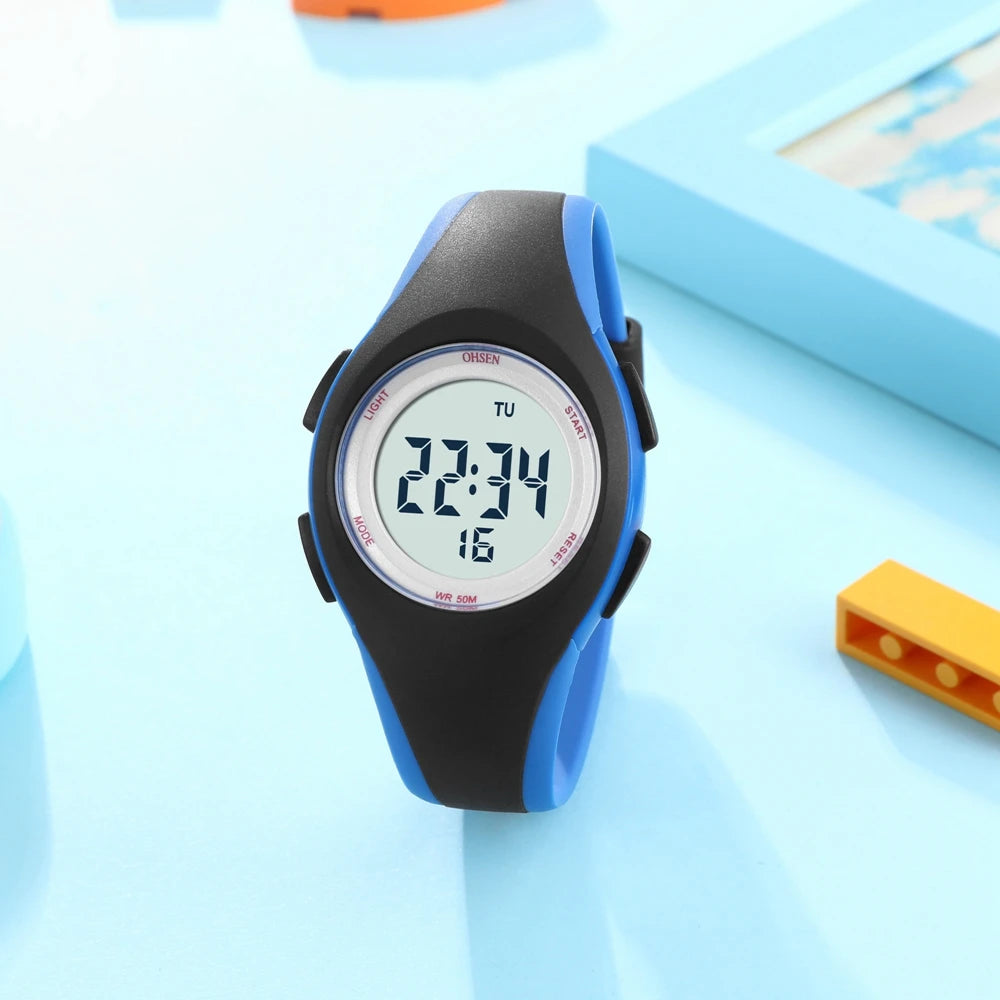 OHSEN Kids Sport Watches 50M Waterproof Blue Silicone Electronic Wristwatch Stopwatch Children Digital Watch For Boys Girls