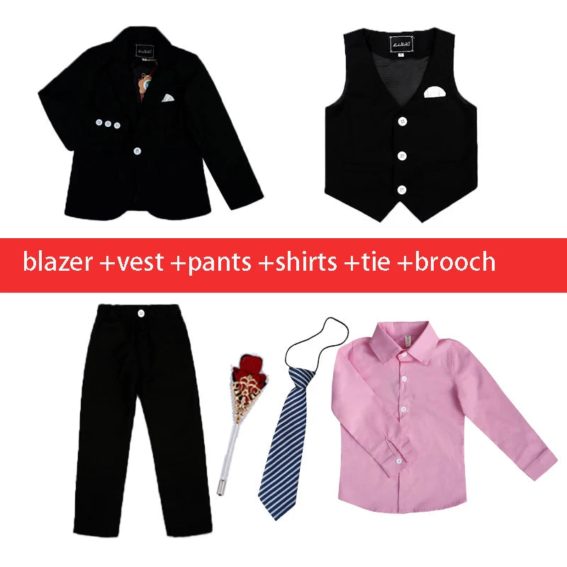 Children Formal White Dress Suit Set Flower Boys Wedding Party Performance Costume Kids Blazer Vest Pants Shirt Tie Clothes