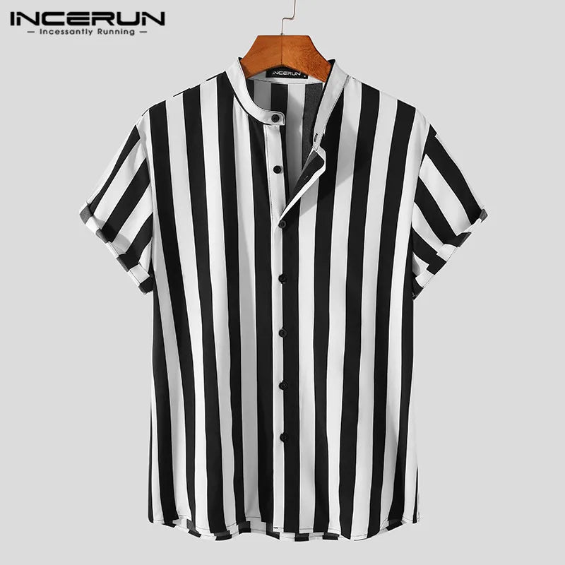 Men Striped Shirt Stand Collar Short Sleeve Casual Men