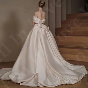 Elegant Off Shoulder Wedding Dress Boat Neck Short Sleeve  Beading Back A-Line Satin Mermaid Bridal Party dress Customized